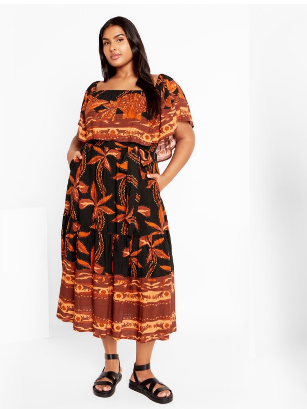 CityChic Talia Plus-Size Black & Rust Floral Maxi Dress